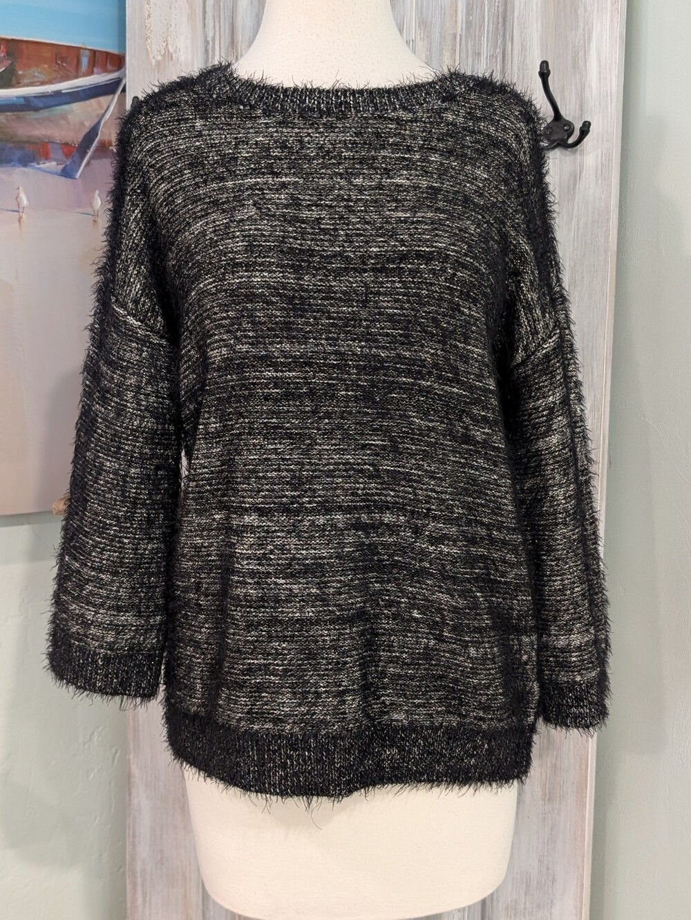 Halogen Black Fuzzy Crewneck Sweater